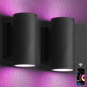 Outdoor Wall Lights, 30W RGBCW LED Up Down Outdoor Wall Lights, Smart Exterior Lighting Fixture, APP Control, Timer Schedule, IP65 Waterproof Sconce Lights for Porch, Garage, Door, 6.5inch