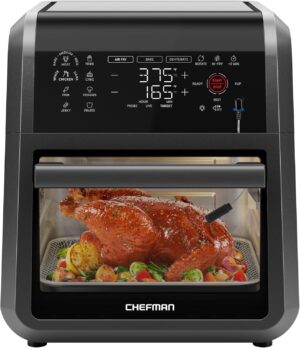 CHEFMAN ExacTemp™ 12 Quart 5-in-1 Air Fryer with Integrated Smart Cooking Thermometer, 28 Touchscreen Presets, Rotisserie, Dehydrator, Bake, XL Convection Oven with Auto Shutoff, Black