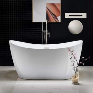 WOODBRIDGE 59"Freestanding White Acylic Soaking Bathtub with Brushed Nickel Drain and Overflow,B0011-BN