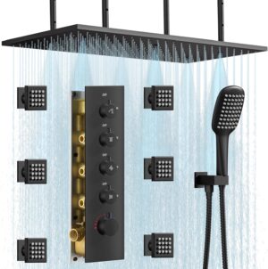 32” Luxury Thermostatic Full Body Shower System with 32-Inch Mist & Rainfall Shower Head & 6 Body Jets, Handheld, JetsBath Matte Black Two Person Shower Faucet Set, Smart Shower System for Couples