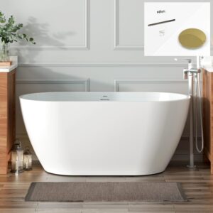 FerdY Bali 55" Freestanding Bathtub, Glossy White Freestanding soaking tub with Polished Gold Drain & Integrated Slotted Overflow, cUPC Certified…