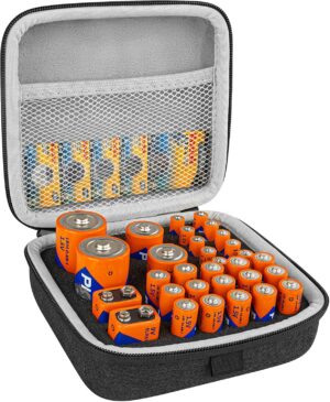 Linkidea Small Hard Case Battery Organizer Storage Box, Batteries Carrying Holder Container - Holds 31 Various Sizes AA AAA 9V C D Batteries (Dark Grey)