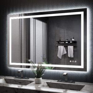 ISKM 48''x32'' LED Wall Mirror for Bathroom Backlit and Front Large Vanity Mirrors for Wall Anti-Fog Memory Dimmable Makeup Mirror with Double Light Strip Tempered Glass Shatter-Proof