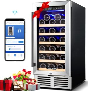 BODEGA Wine Cooler Refrigerator 15 Inch Wide, Smart Red Wine Fridge with WiFi, Undercounter Glass Door Refrigerators for Office, Bedroom，Hold 31 Bottles