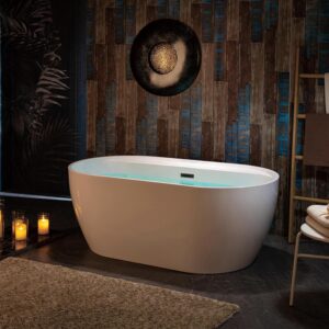 WOODBRIDGE 59" Acrylic Freestanding Bathtub Contemporary Soaking White Tub with Oil-Rubbed Bronze Overflow and Drain,White,B0064 ORB