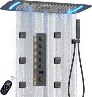 Digital Shower System Oil Rubbed Bronze Full Body Rain 16 x 26 Inch Luxury LED Shower Head System with 6 PCS Body Jets, Handheld Shower Fixtures, 5 Function Digital Display Shower Vlave