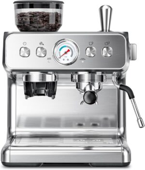 Kismile Espresso Machine with Grinder, 20 Bar Automatic Espresso Maker with Milk Frother Steam Wand, Removable Water Tank for Latte & Cappuccino, Professional Coffee Machine for Home (Stainless Steel)