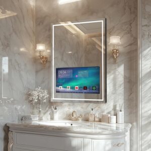 Haocrown 24x32 Inch Bathroom Vanity Mirror with 21.5" Touch Screen Smart TV, Streaming Apps, Weather Clock Date, 3 Color Dimmable LED Light, Anti-Fog Wi-Fi Bluetooth HDMI, Vertical Wall Mounted (2025)